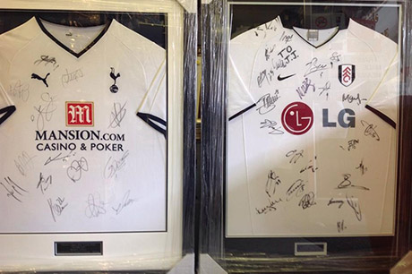 Football shirts and sports memorabilia framing